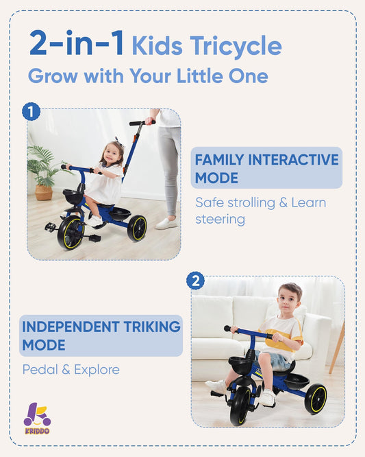 KRIDDO toddler tricycle foldable front footrest supports growing feet during rides.