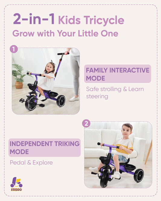 KRIDDO 2-in-1 tricycle with foldable front footrest supporting growing children.