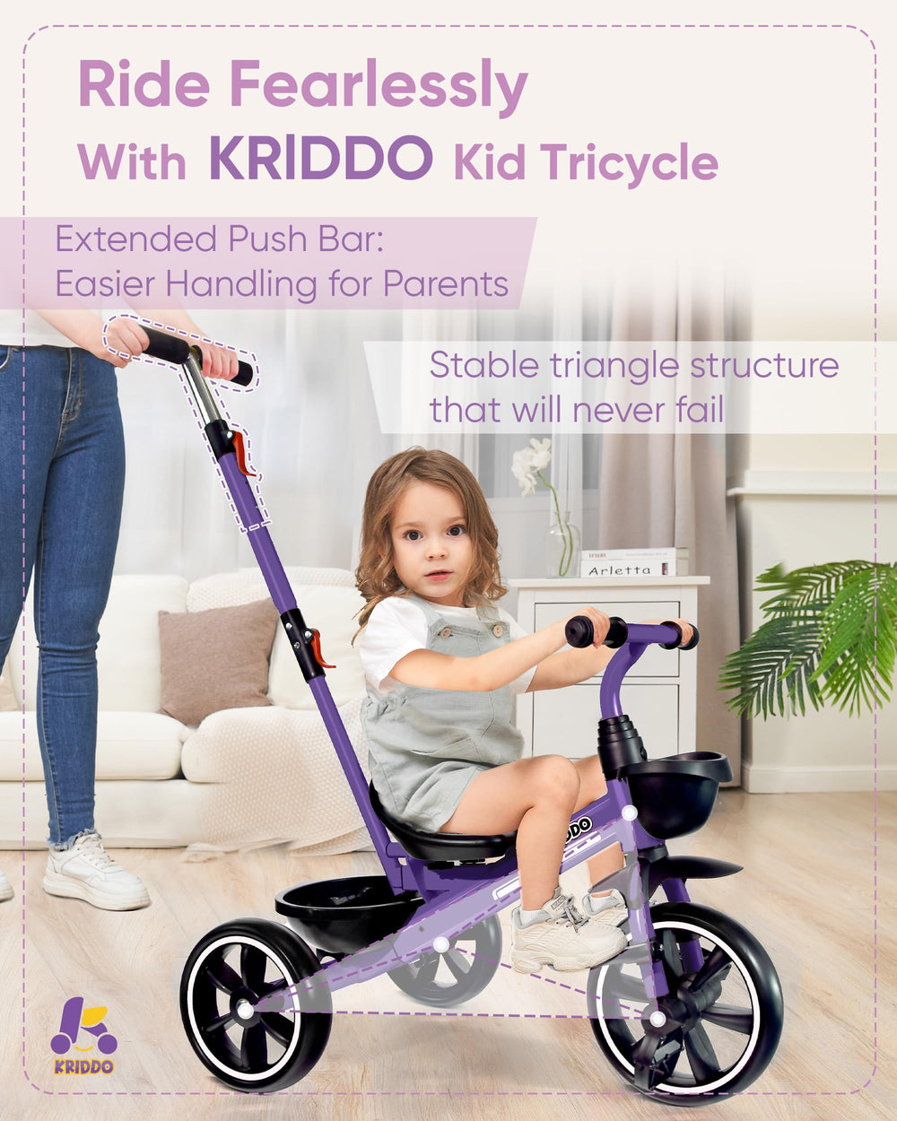 KRIDDO 2-in-1 tricycle with silent wheels for indoor and outdoor use.