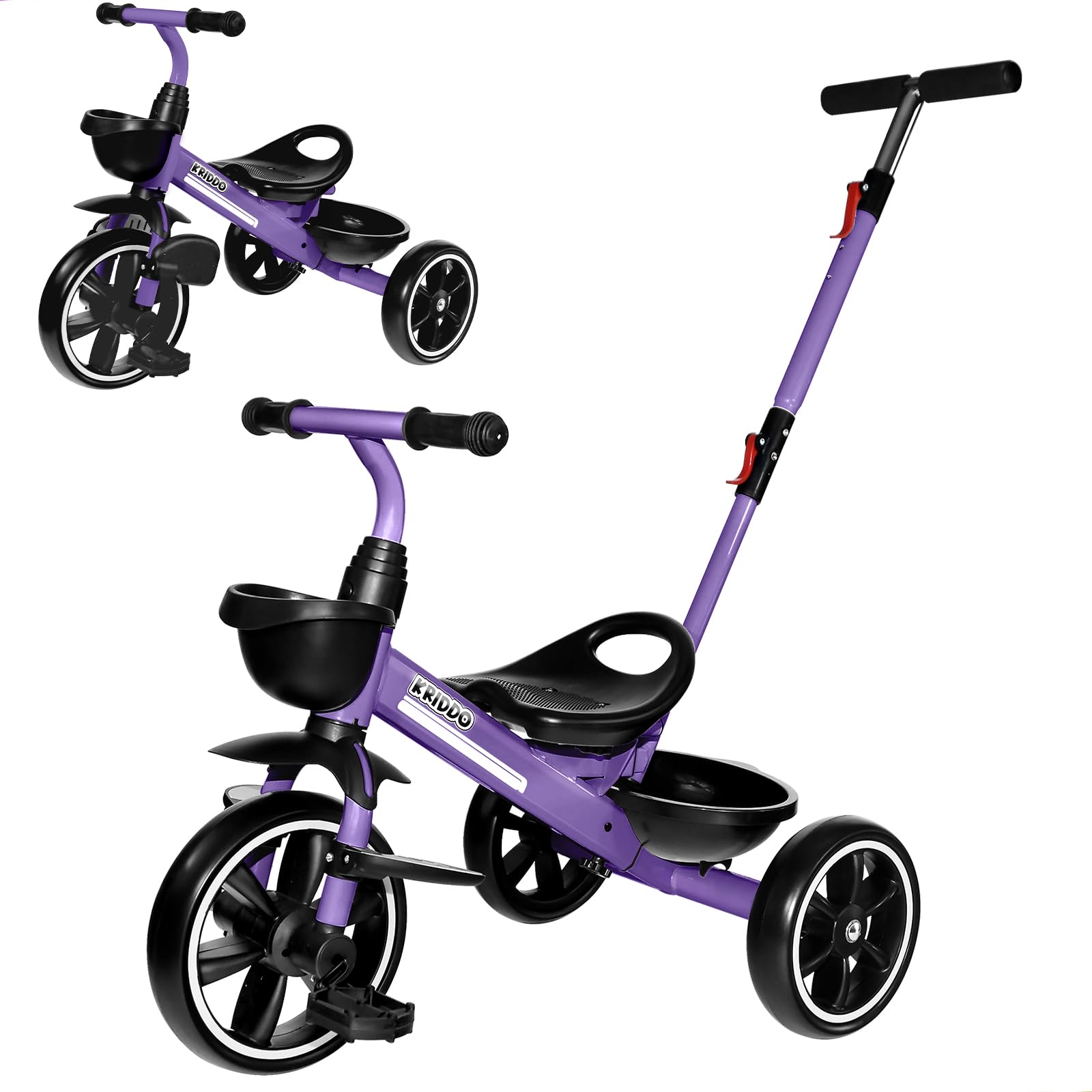 KRIDDO 2-in-1 toddler tricycle with extended push-handle for easier parent steering.