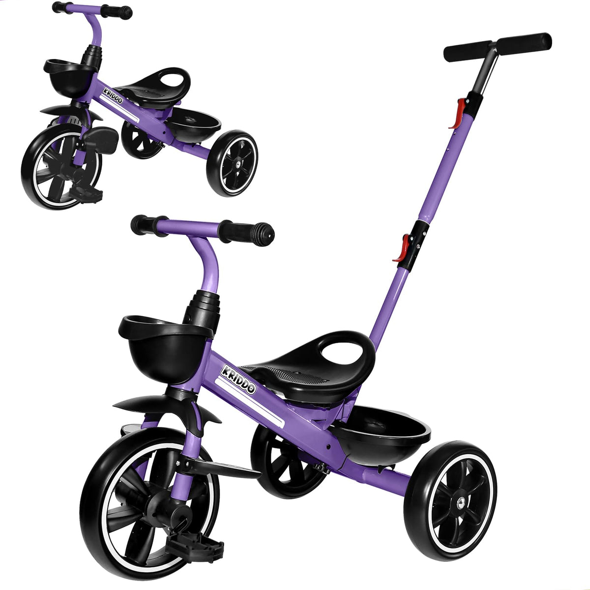KRIDDO 2-in-1 toddler tricycle with extended push-handle for easier parent steering.