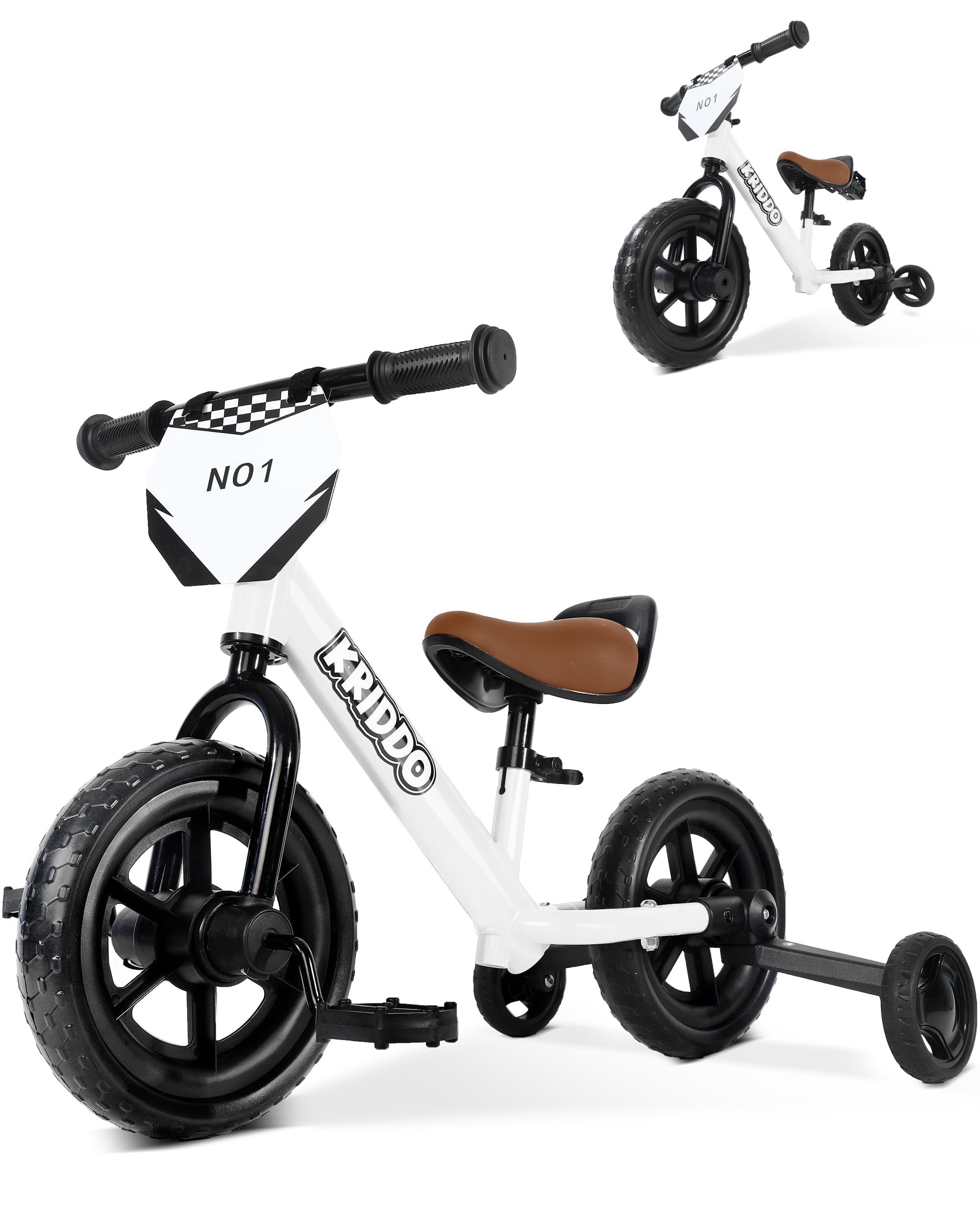 KRIDDO 2-in-1 trike and balance bike front view showing dual-mode design for stability and balance practice.