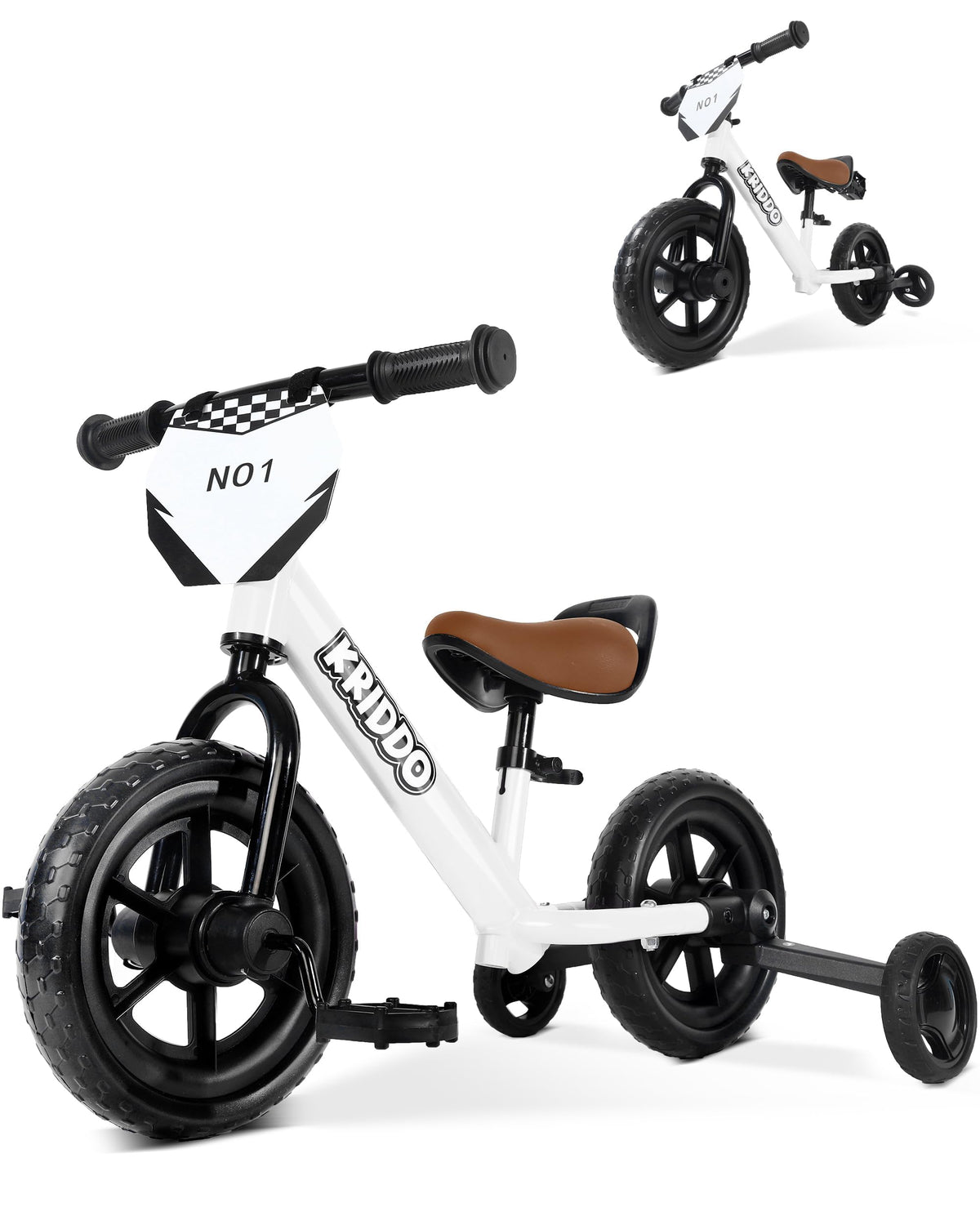 KRIDDO 2-in-1 trike and balance bike front view showing dual-mode design for stability and balance practice.