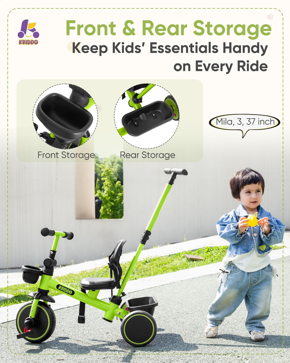 KRIDDO 3-point harness and backrest keep rides secure.