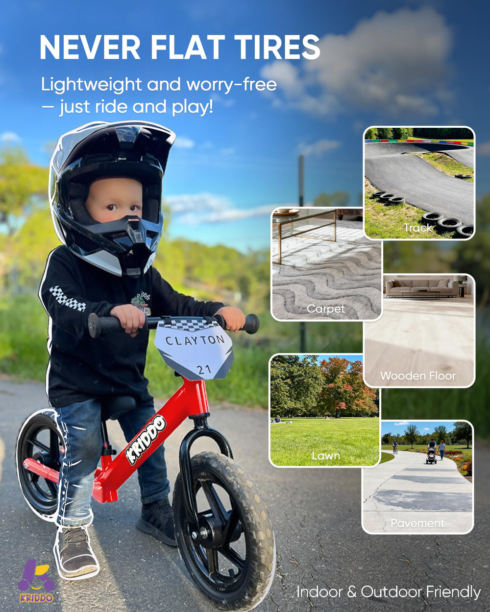 KRIDDO balance bike featuring adjustable handlebar and seat height to grow with children.