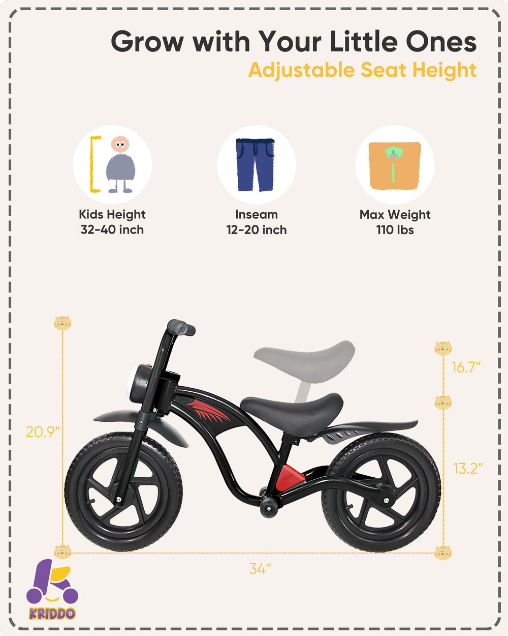 KRIDDO balance bike adjustable seat grows with your child