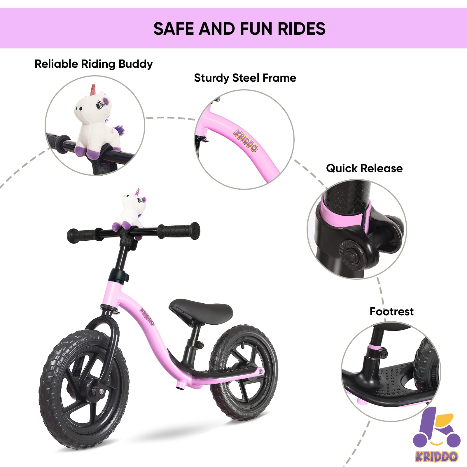 KRIDDO balance bike all-terrain tires improve stability on grass and pavement