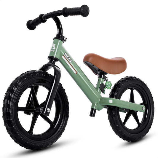 KRIDDO balance bike in green, side view, designed for beginner riders.