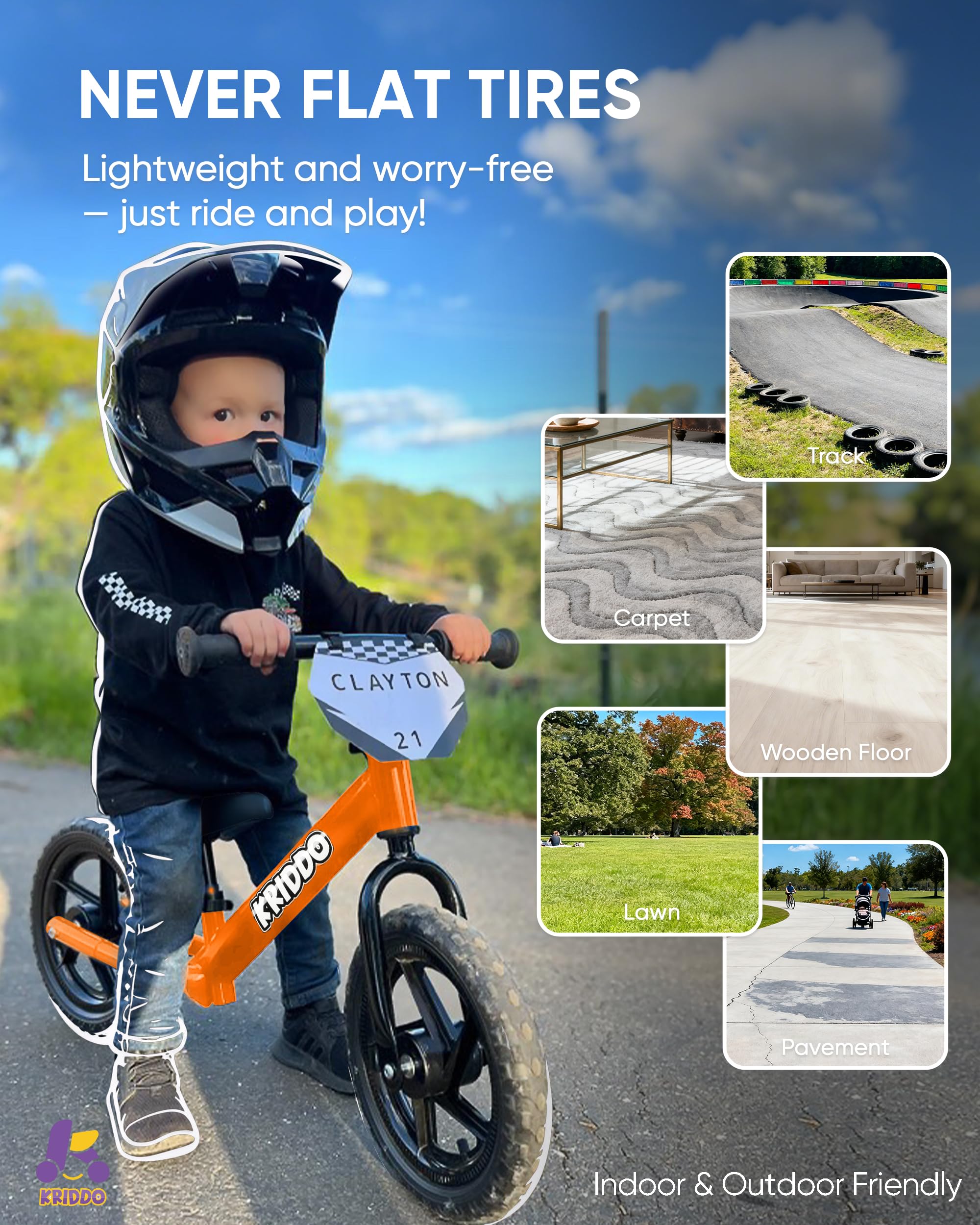 KRIDDO balance bike with adjustable handlebar and seat height to grow with children