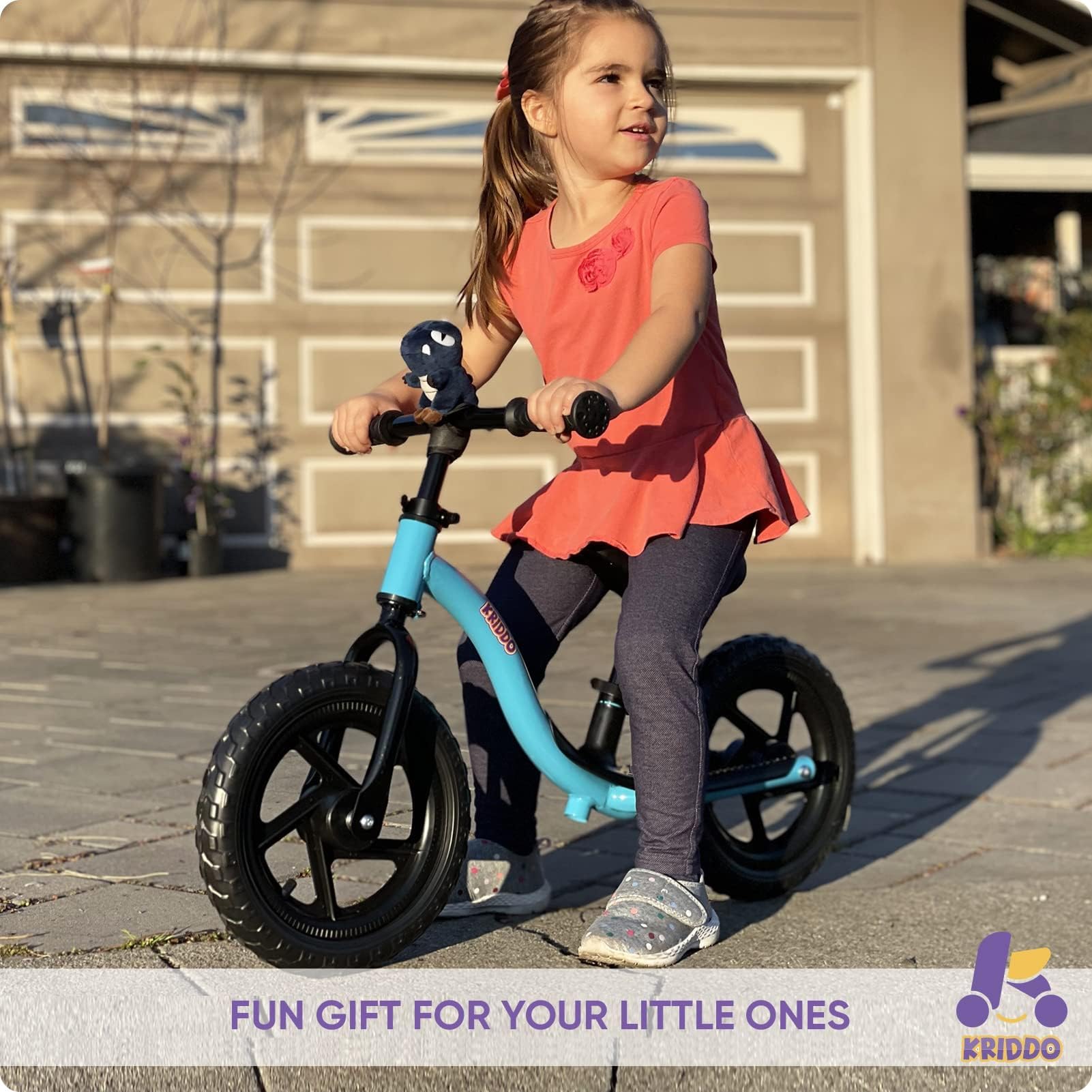 KRIDDO balance bike plush animal buddy adds riding fun.