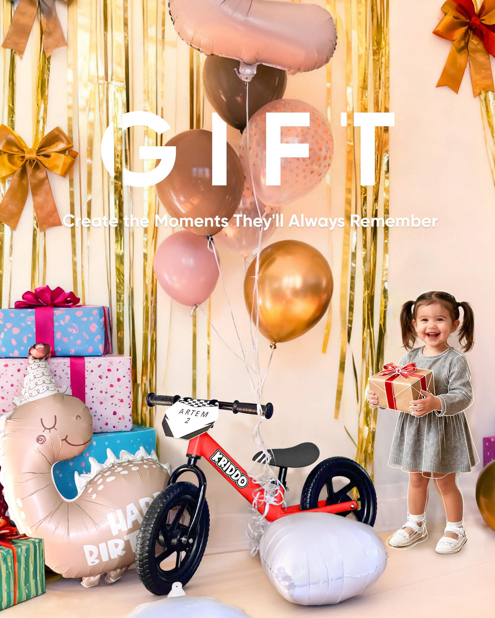 KRIDDO balance bike with puncture-resistant tires for stable rides on various surfaces.