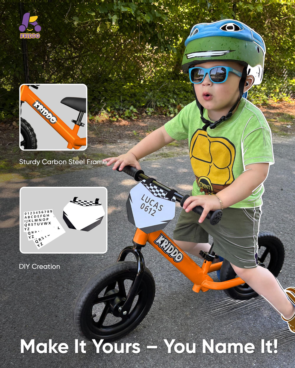 KRIDDO balance bike with puncture-resistant tires for stable rides on grass and sidewalks