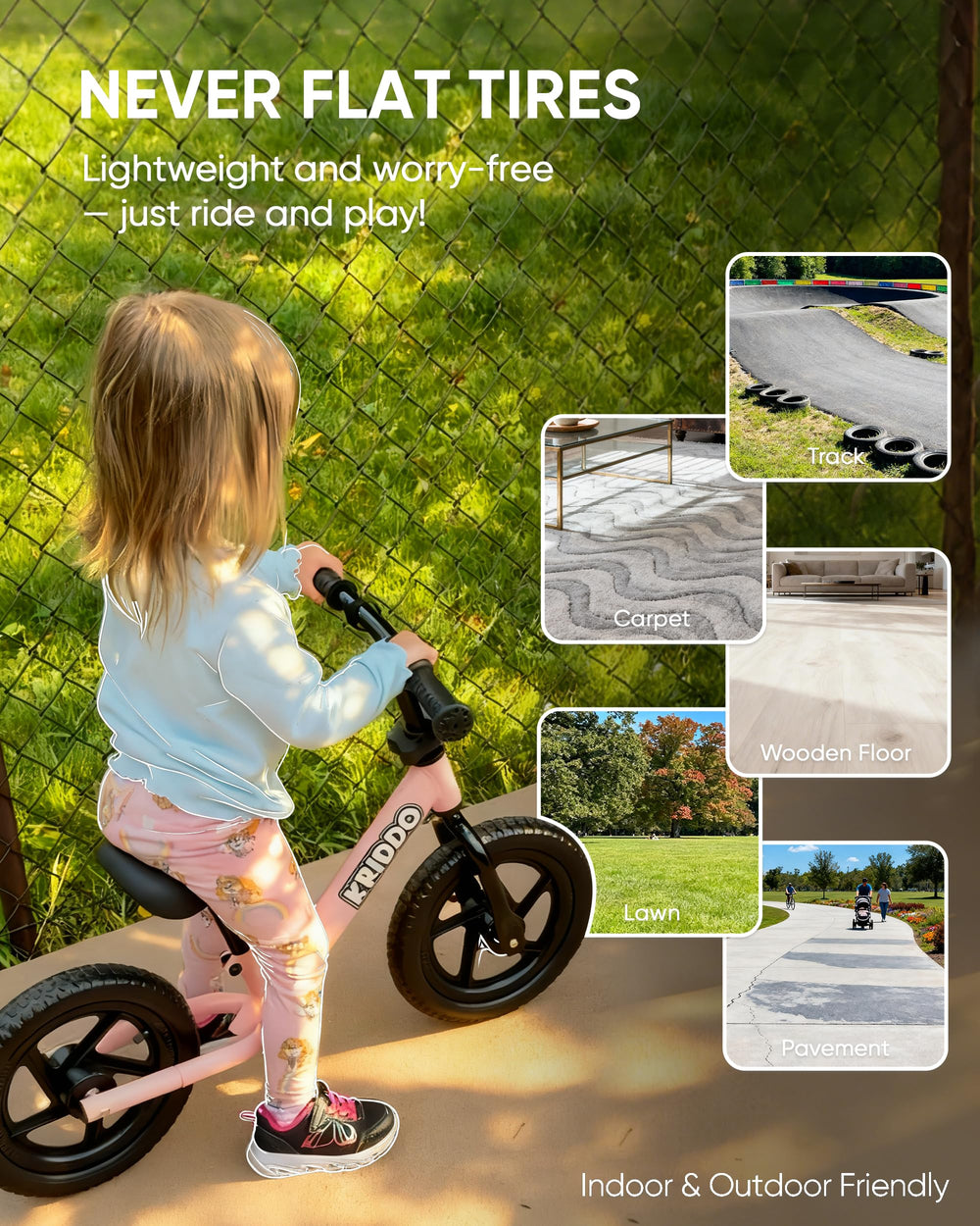 KRIDDO puncture-resistant tires ensure stable rides on grass and pavement.
