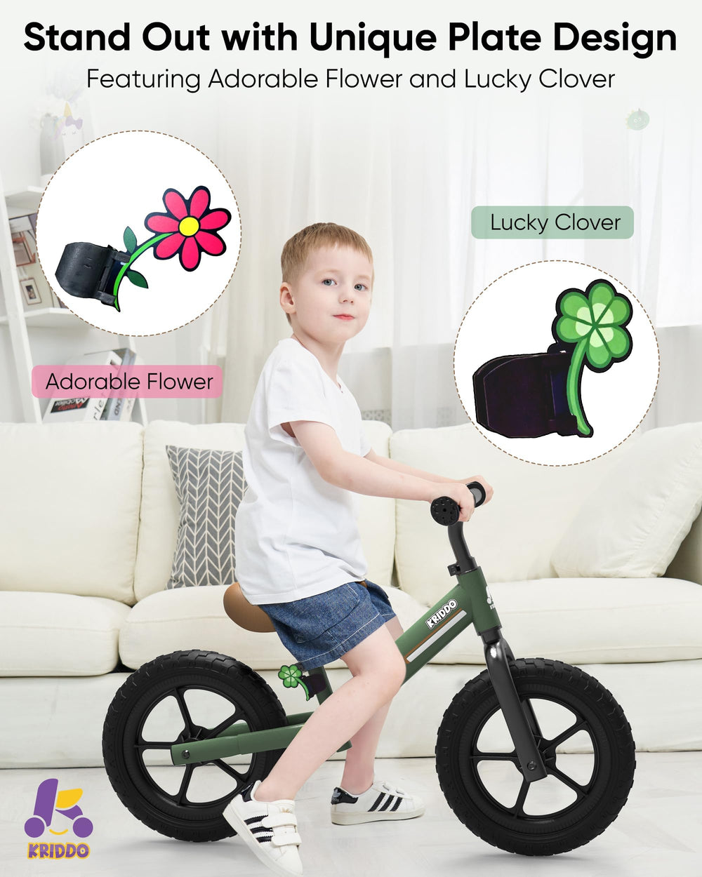 KRIDDO balance bike with clover plate under the seat for personalization.