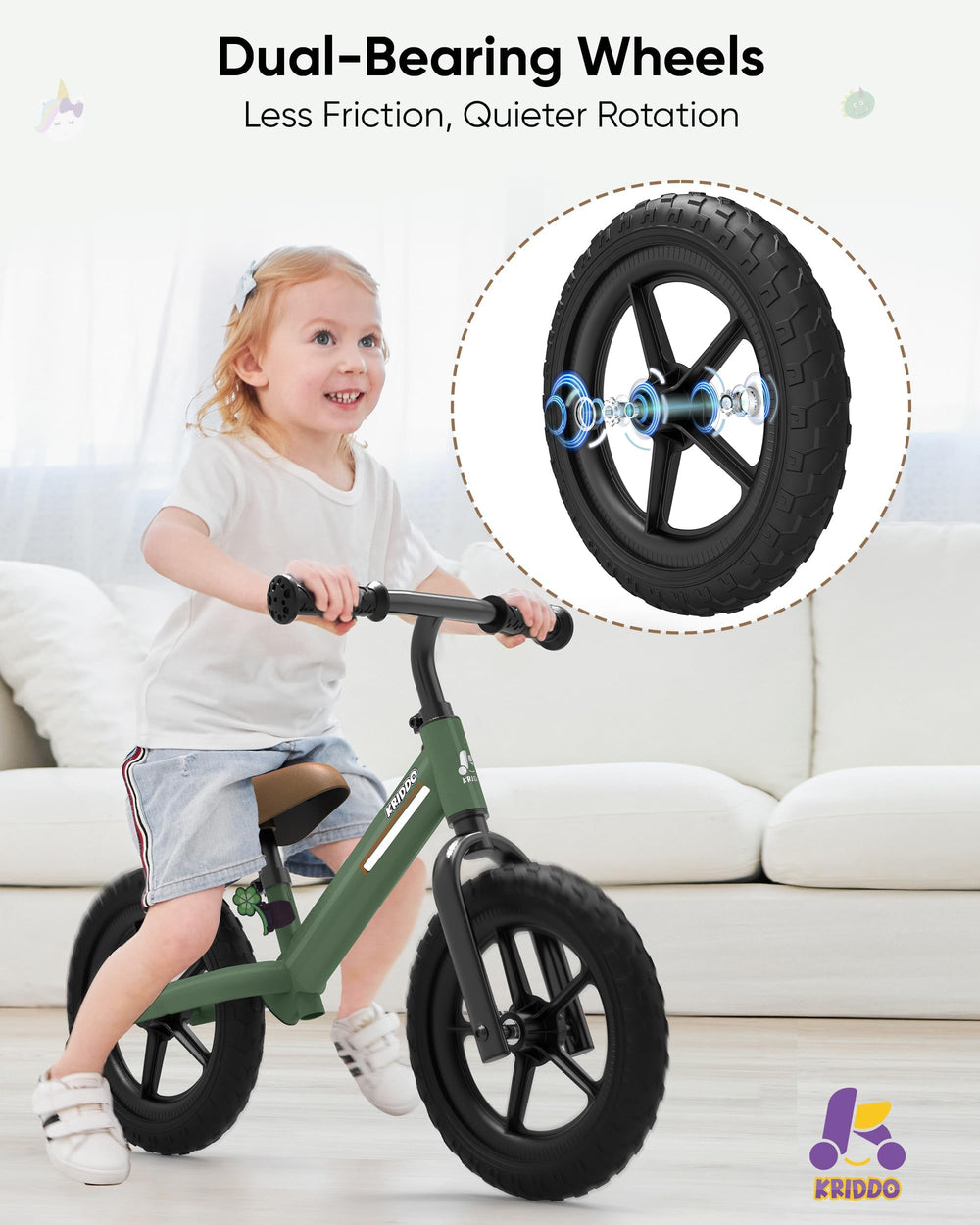 KRIDDO balance bike with flower plate under the seat for personalization.