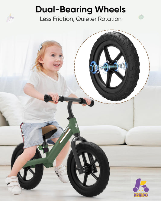 KRIDDO balance bike with flower plate under the seat for personalization.