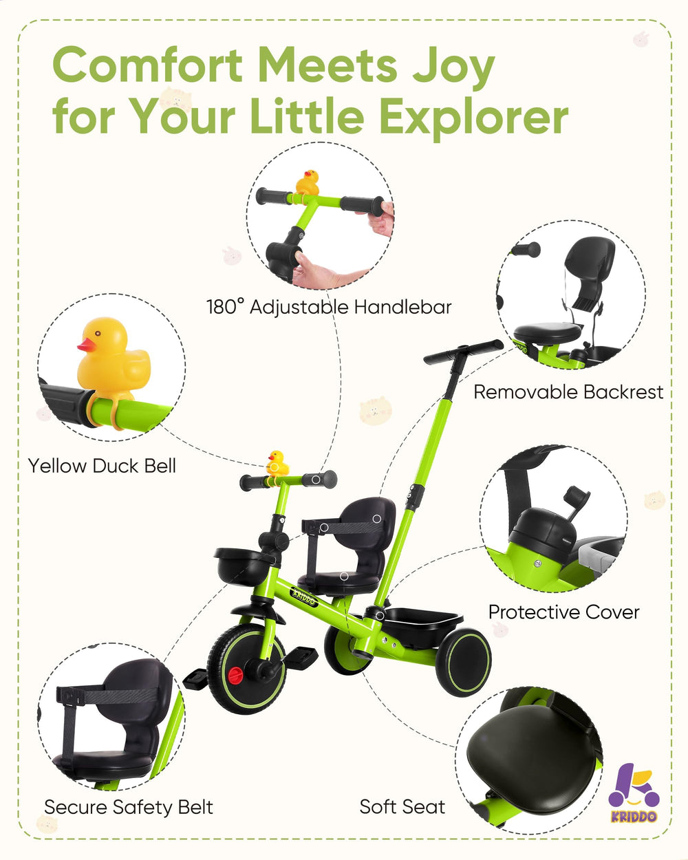 KRIDDO detachable backrest supports comfortable seating.