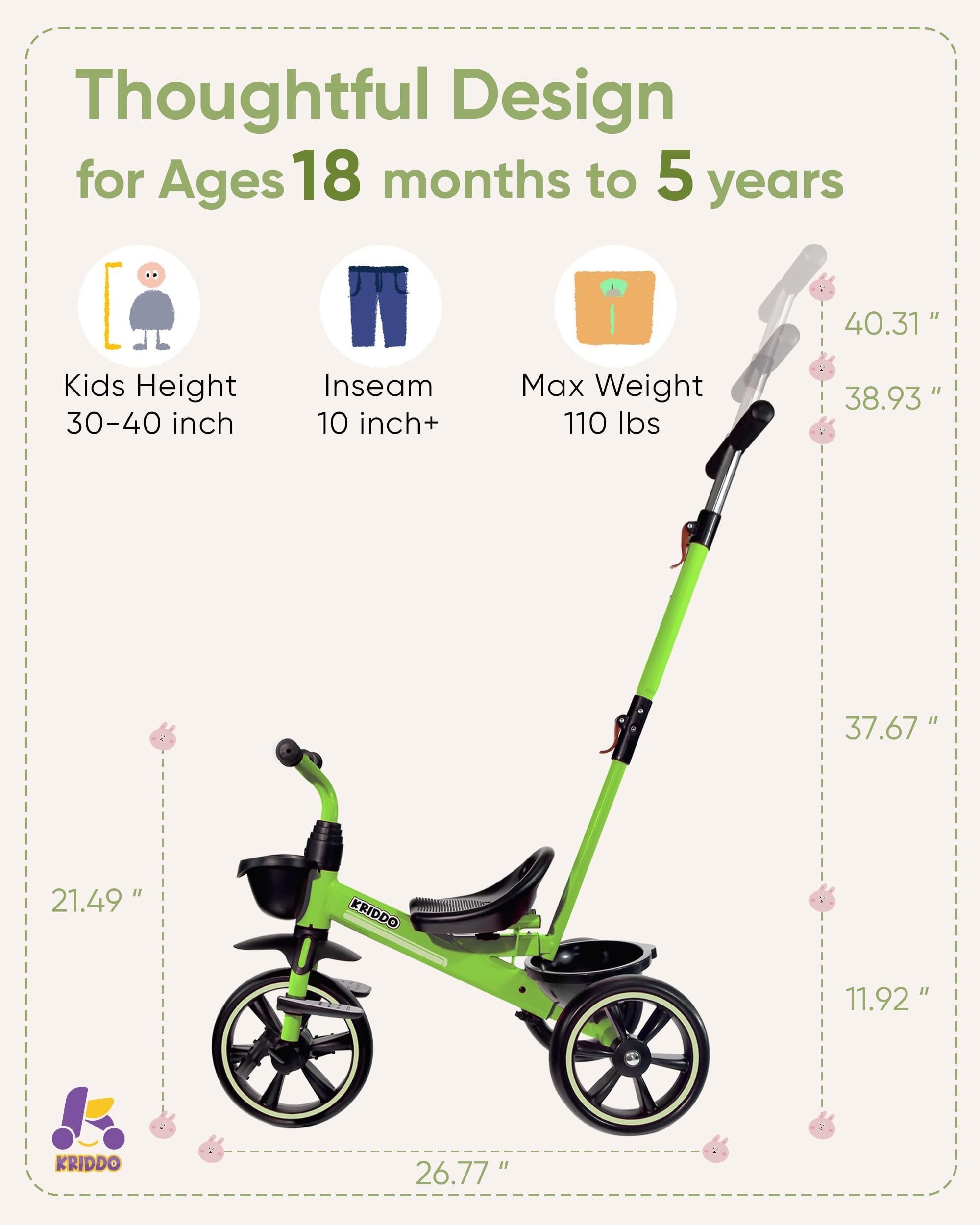 KRIDDO extended push handle is adjustable for different caregiver heights