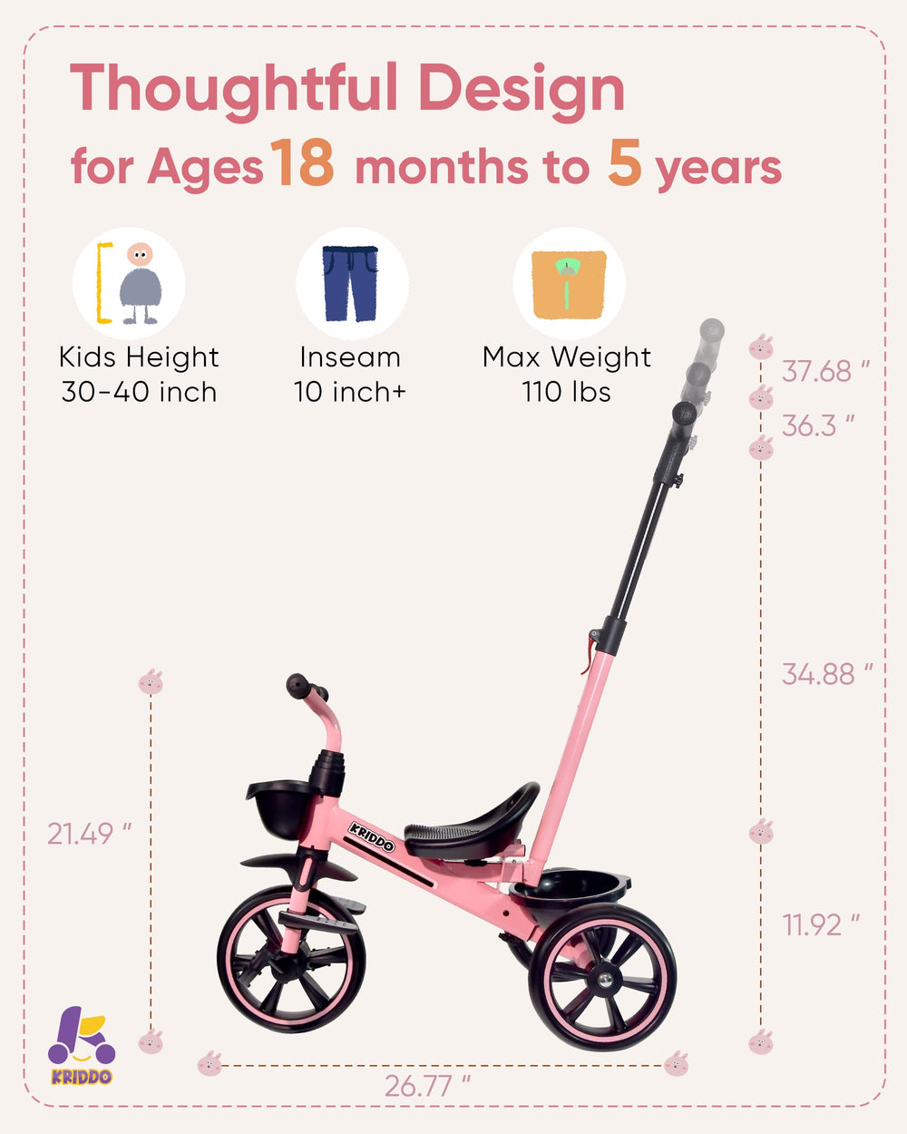 KRIDDO extended push handle provides comfortable strolling for caregivers