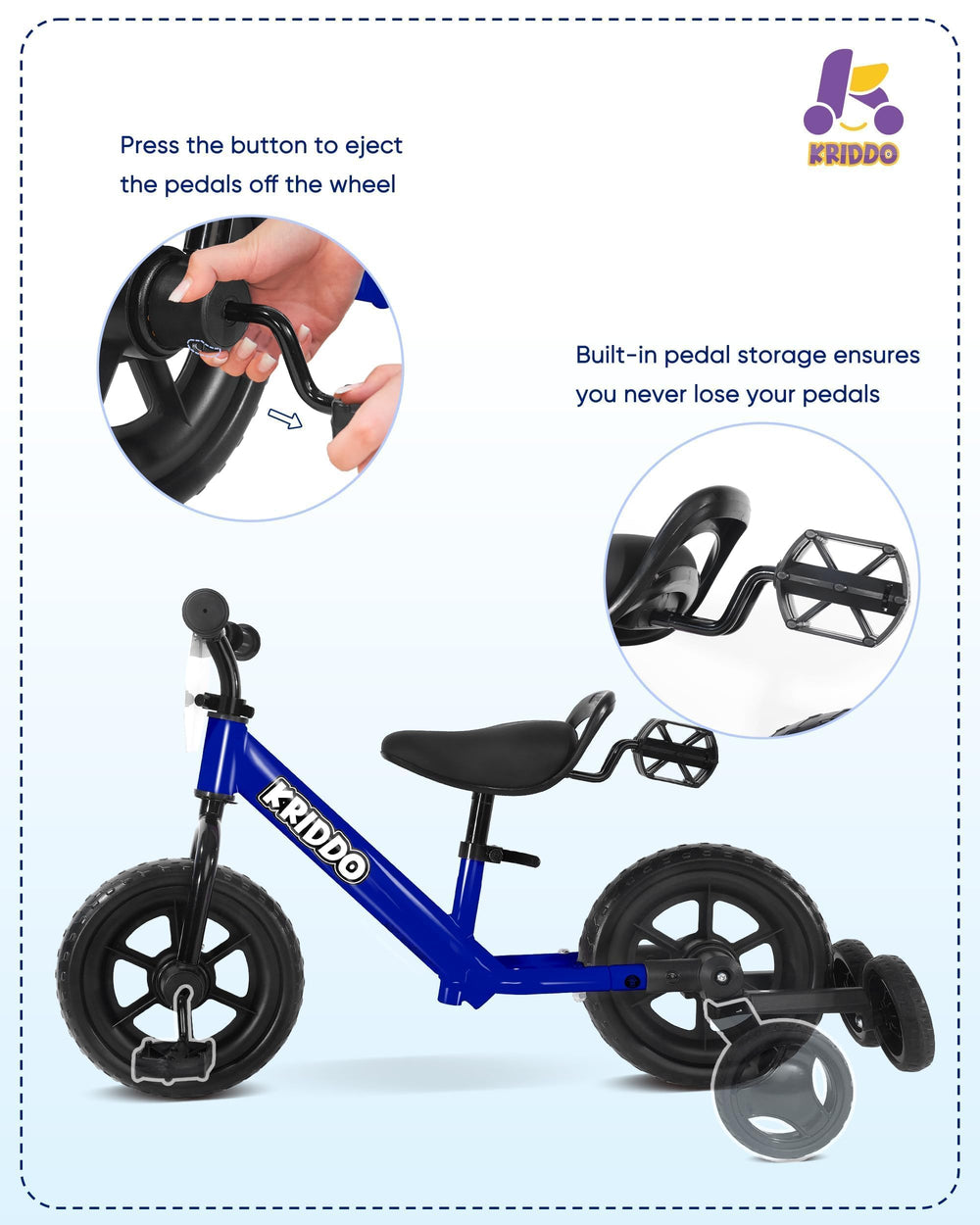 KRIDDO foldable training wheels enable quick tricycle to balance bike transitions.