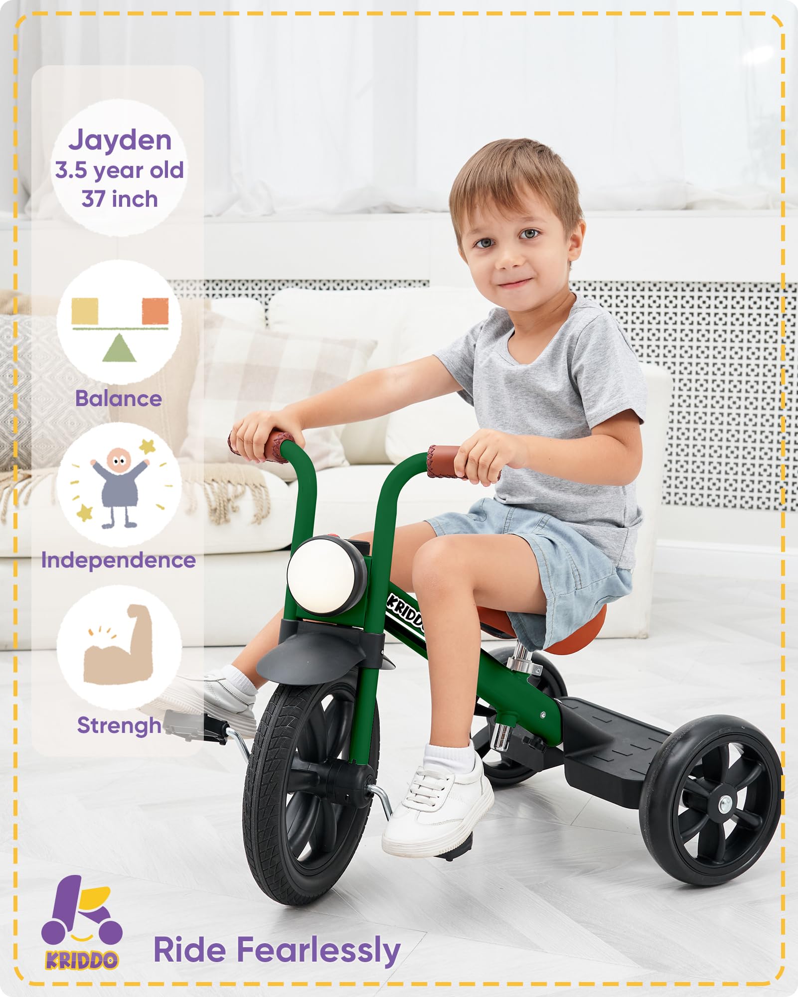 KRIDDO kids tricycle with 12-inch puncture-free wheels for smooth outdoor adventures.