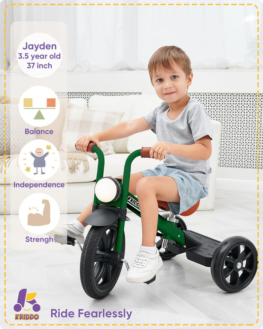 KRIDDO kids tricycle with 12-inch puncture-free wheels for smooth outdoor adventures.