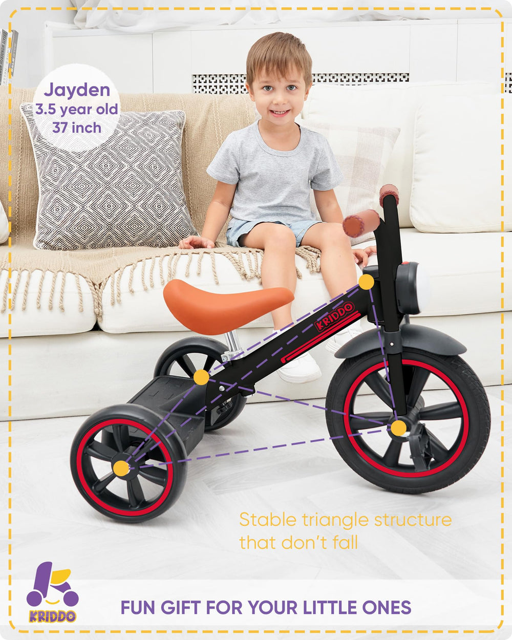KRIDDO Kids Tricycle adjustable seat height for growing toddlers.