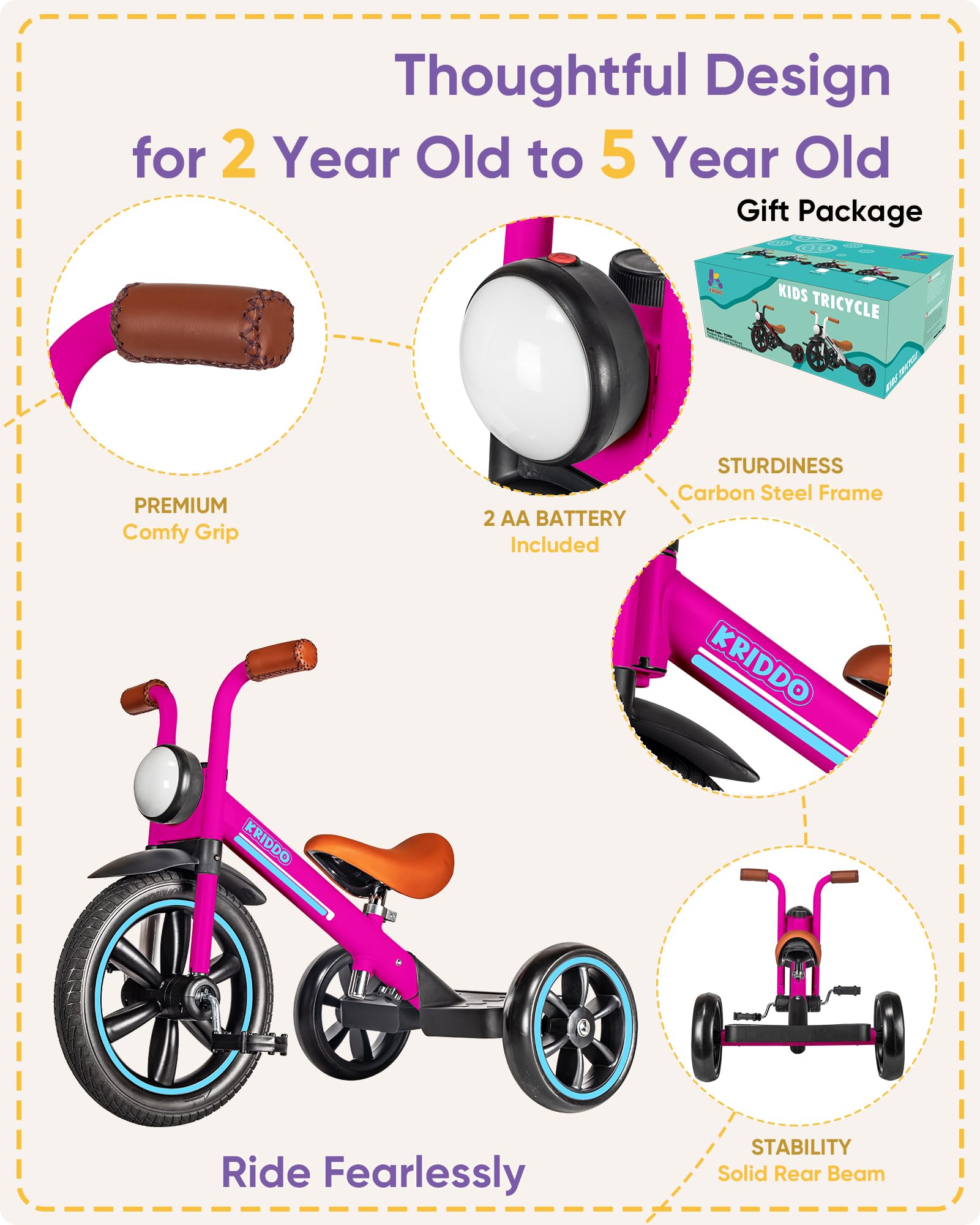KRIDDO Tricycle adjustable seat height fits growing kids comfortably.