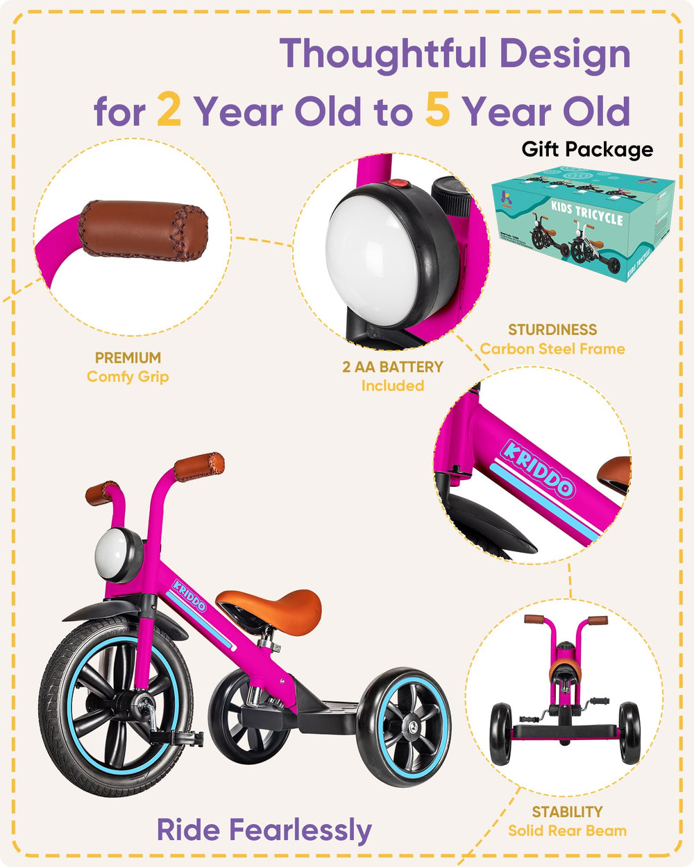 KRIDDO Tricycle adjustable seat height fits growing kids comfortably.