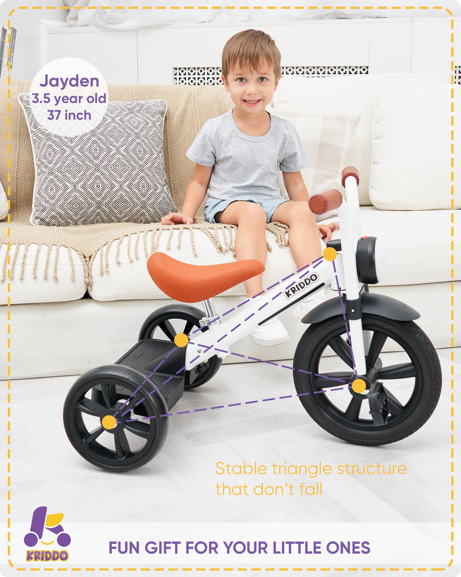 KRIDDO adjustable-seat tricycle supports growing child comfort.