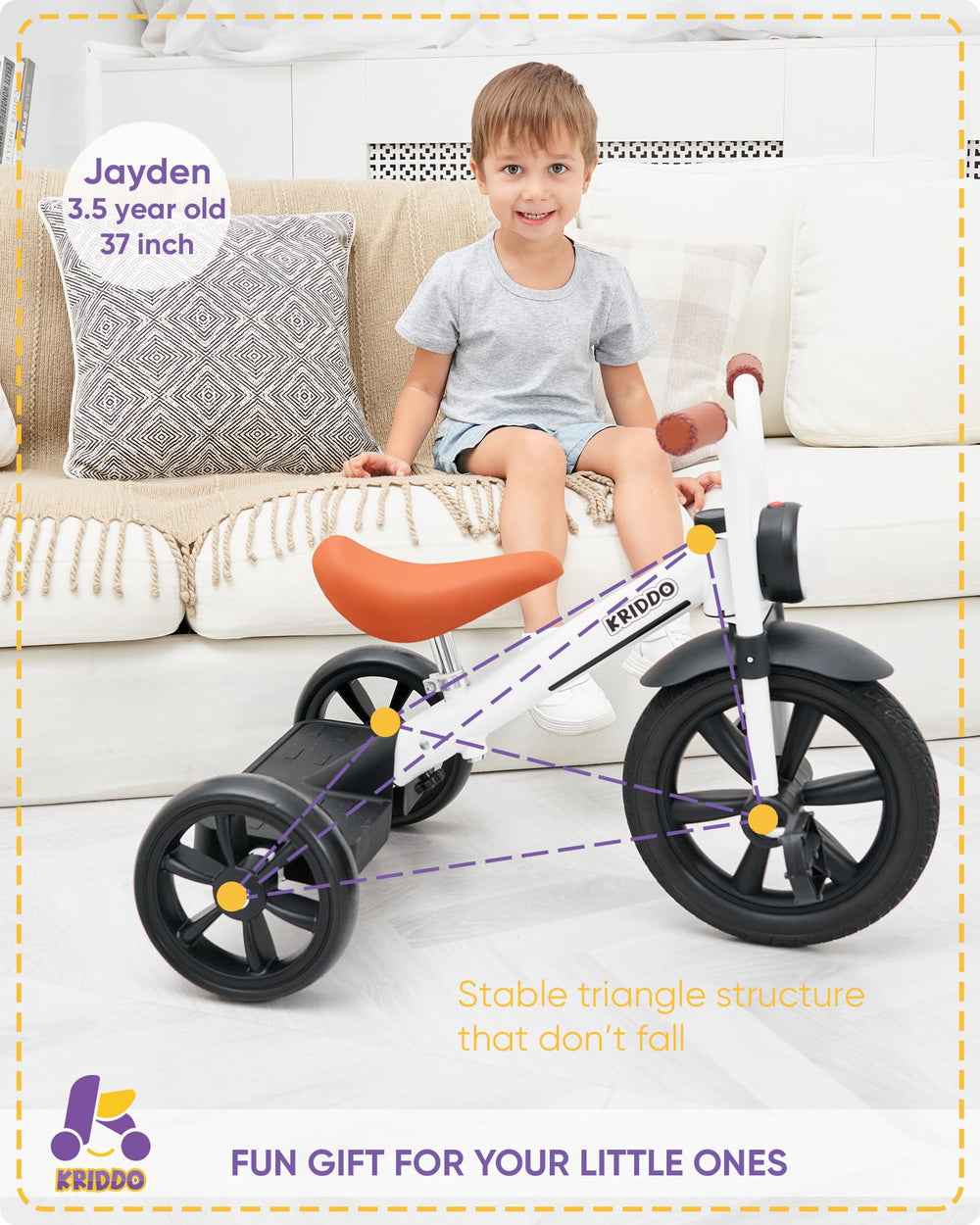 KRIDDO adjustable-seat tricycle supports growing child comfort.
