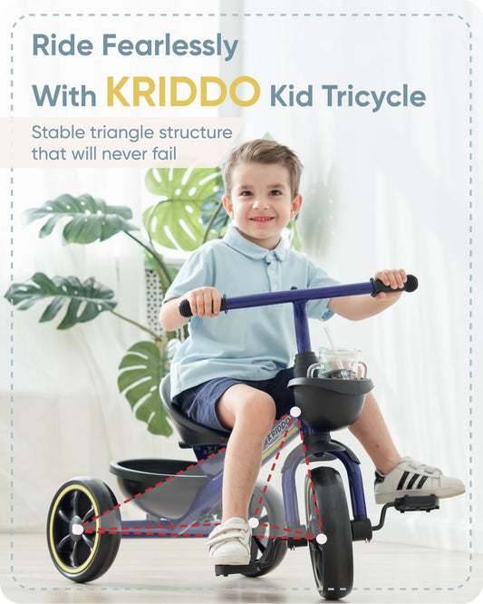 KRIDDO Kids Tricycle blue side view highlights widened wheelbase for balance