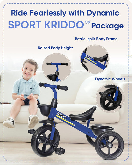 KRIDDO kids tricycle extended rear wheels enhance balance during first rides