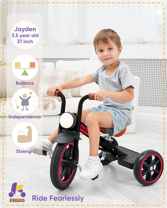 KRIDDO tricycle with extended rear wheels improves balance during learning.