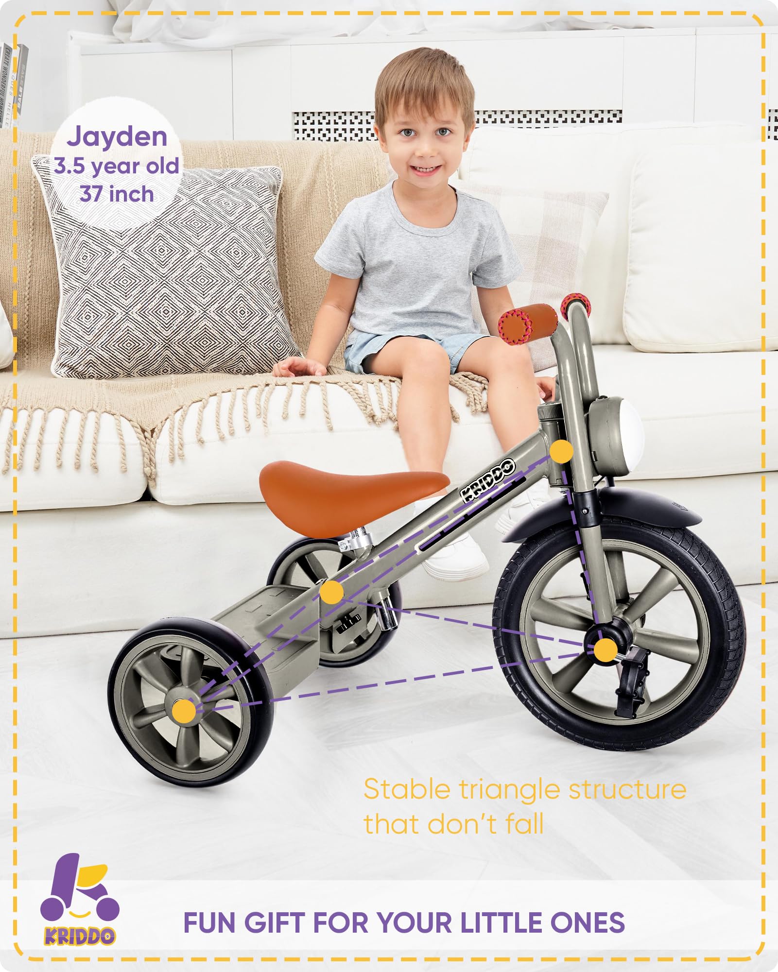 KRIDDO tricycle with extended rear wheels increases stability for beginners.