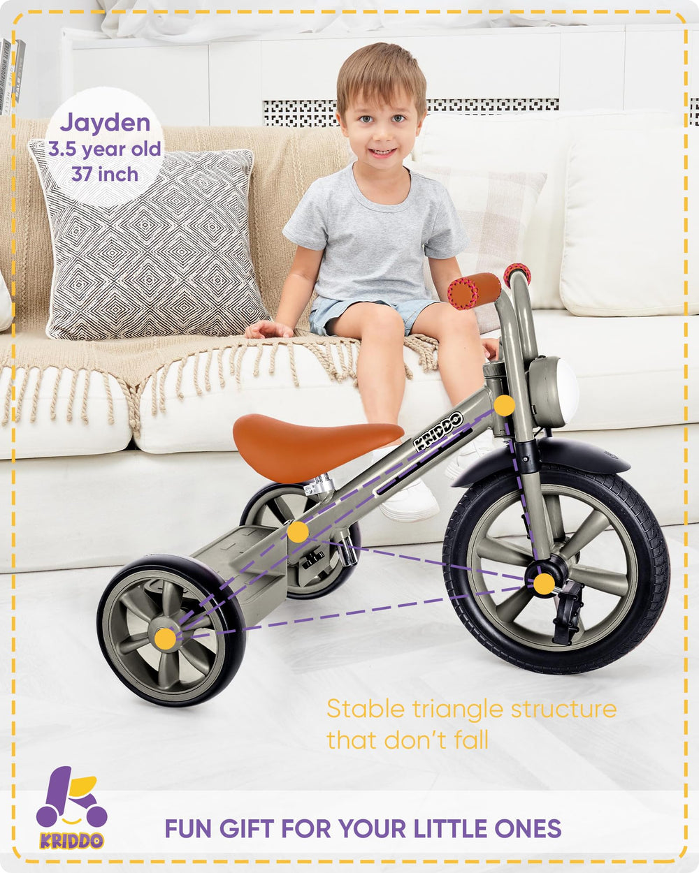 KRIDDO tricycle with extended rear wheels increases stability for beginners.