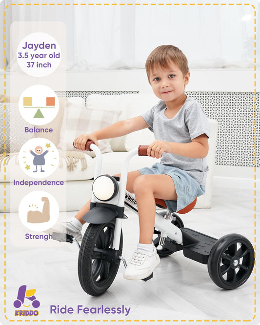 KRIDDO tricycle with front light improves visibility in low light.