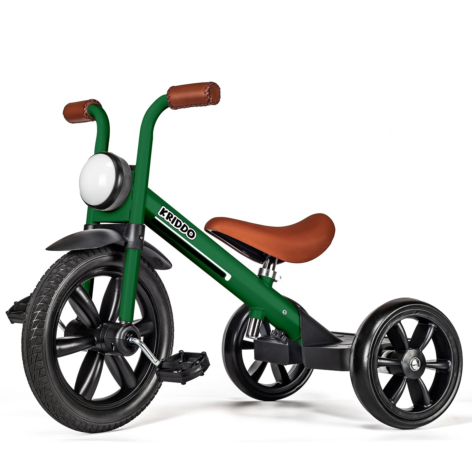 KRIDDO kids tricycle front light boosts visibility for safer evening rides.