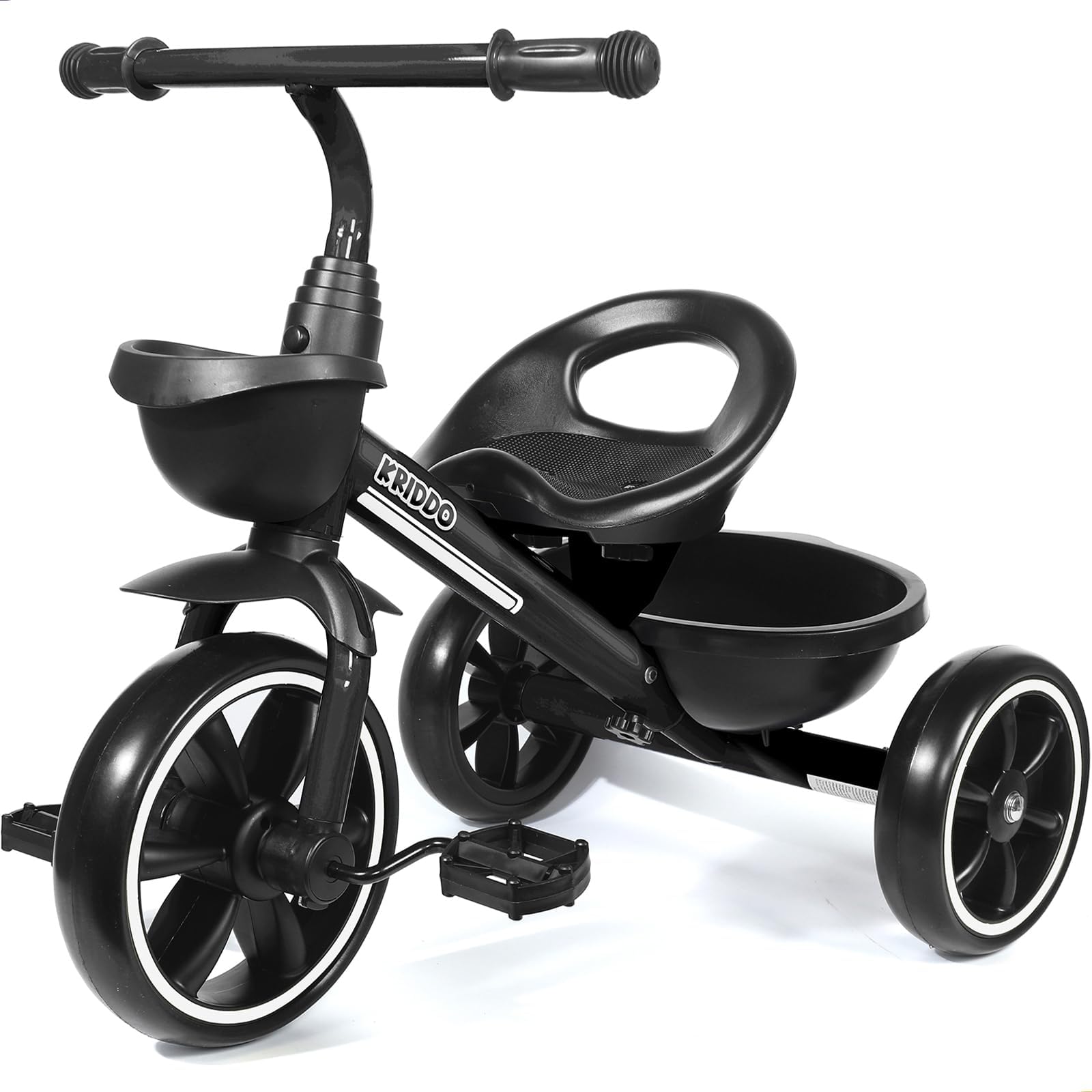 KRIDDO Kids Tricycle front view showcasing sturdy frame for early riding confidence.