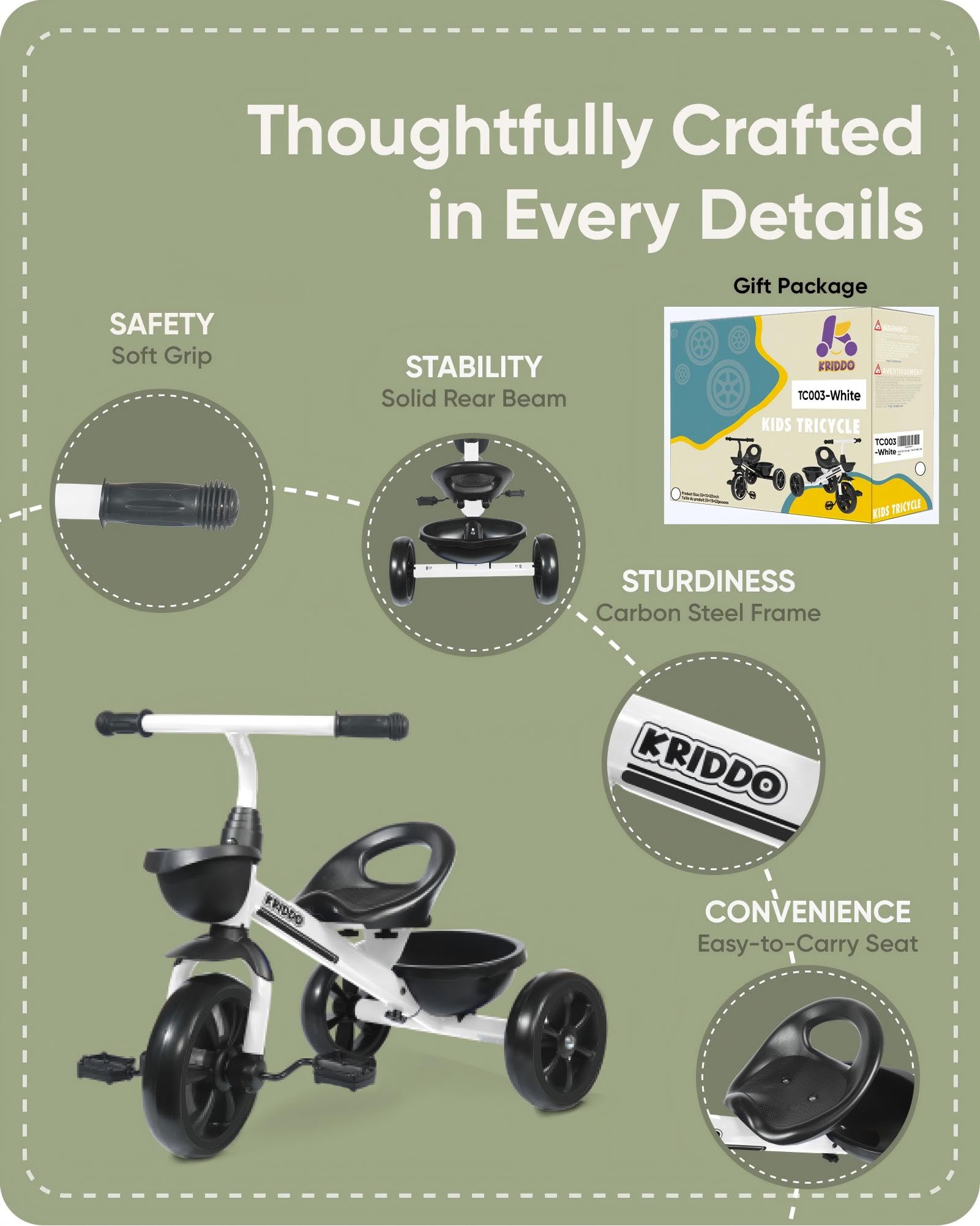 KRIDDO Kids Tricycle handlebar grips emphasize non-slip, secure hold.