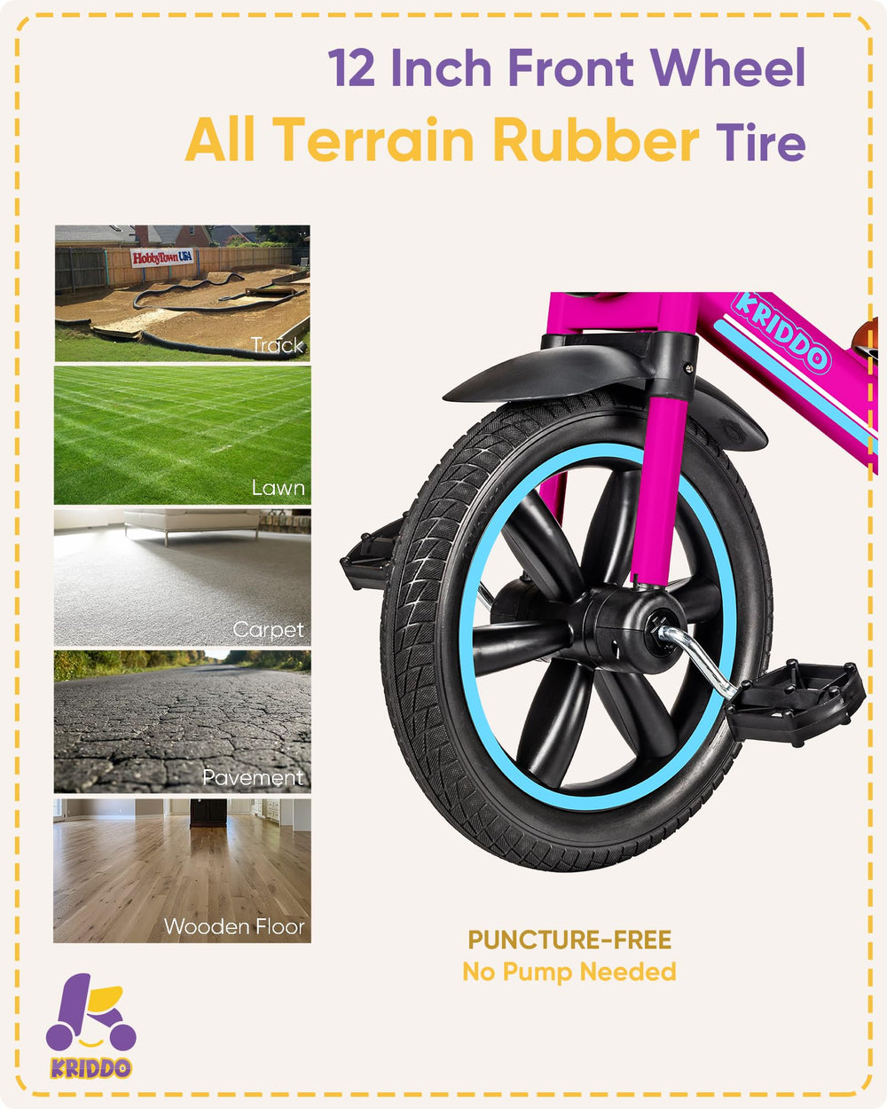 KRIDDO Tricycle supports indoor and outdoor use with silent wheels.