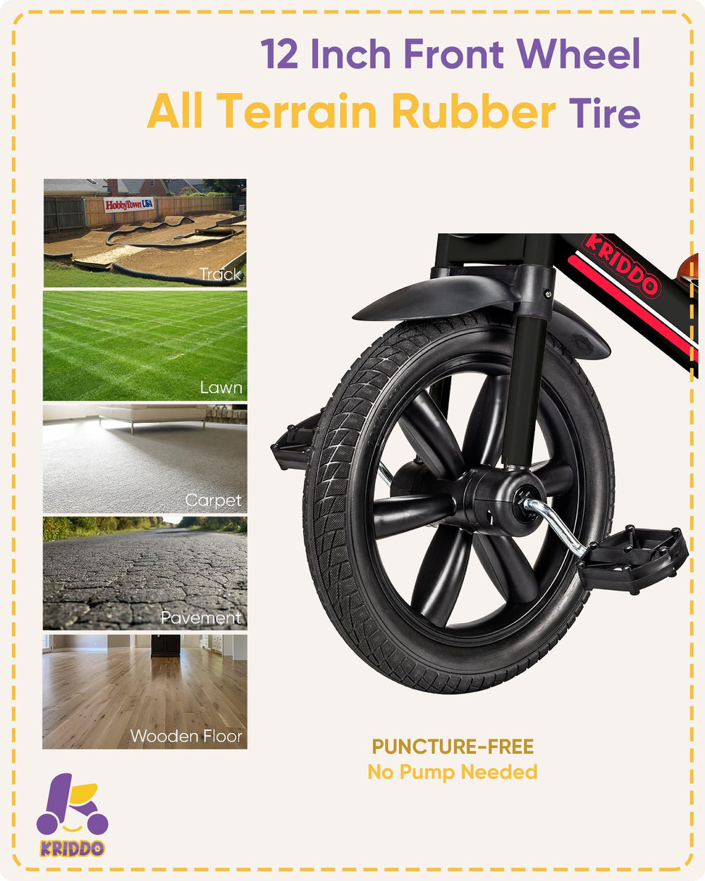 KRIDDO Tricycle designed for indoor and outdoor use.