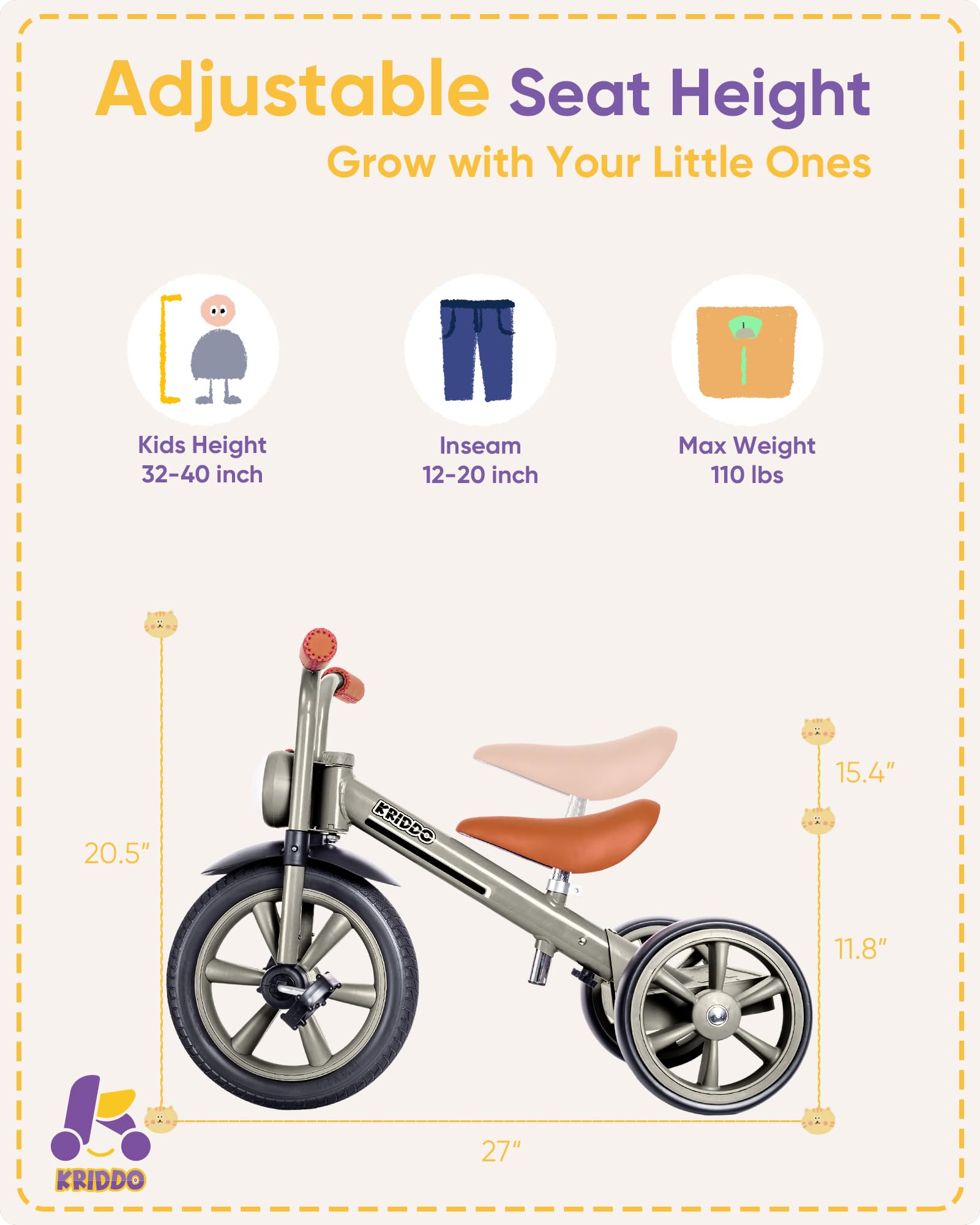 KRIDDO tricycle for indoor and outdoor use with silent wheels.