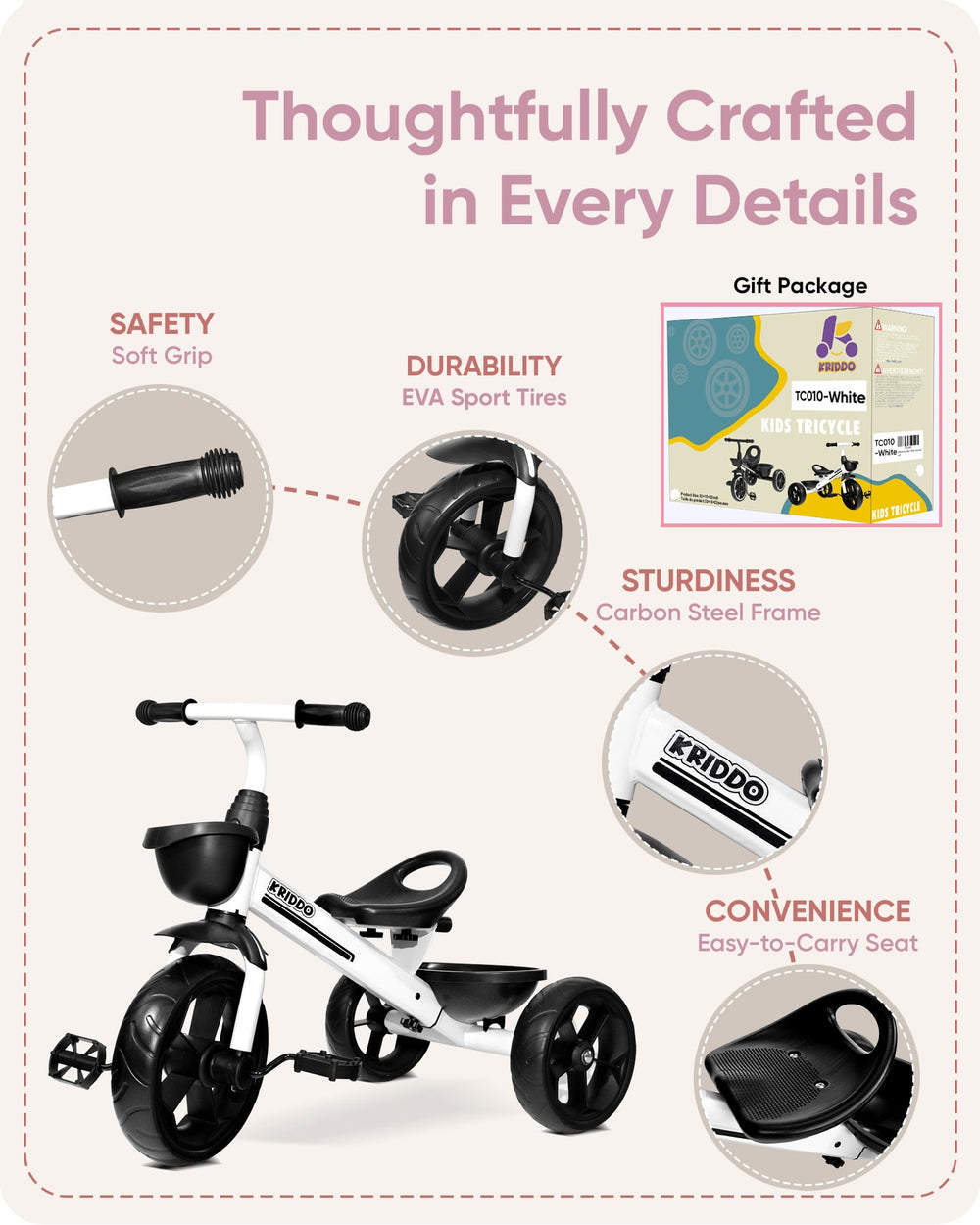 KRIDDO Kids Tricycle is suitable for indoor classrooms and outdoor parks.