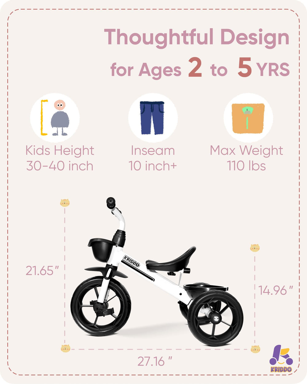 KRIDDO Kids Tricycle uses non-toxic paint for safe indoor and outdoor play.