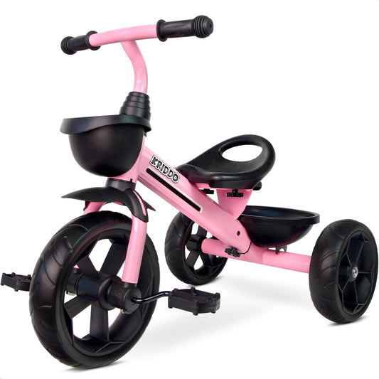 KRIDDO pink front view tricycle supports early riding confidence with sporty styling.