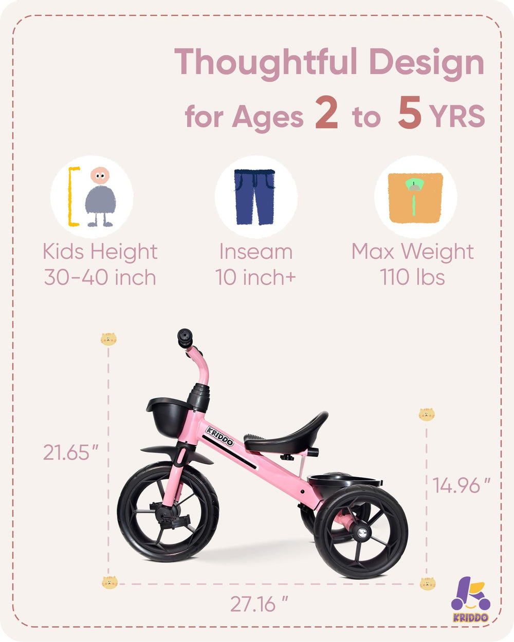 KRIDDO pink indoor outdoor-use tricycle for quiet indoor rides and outdoor exploration.