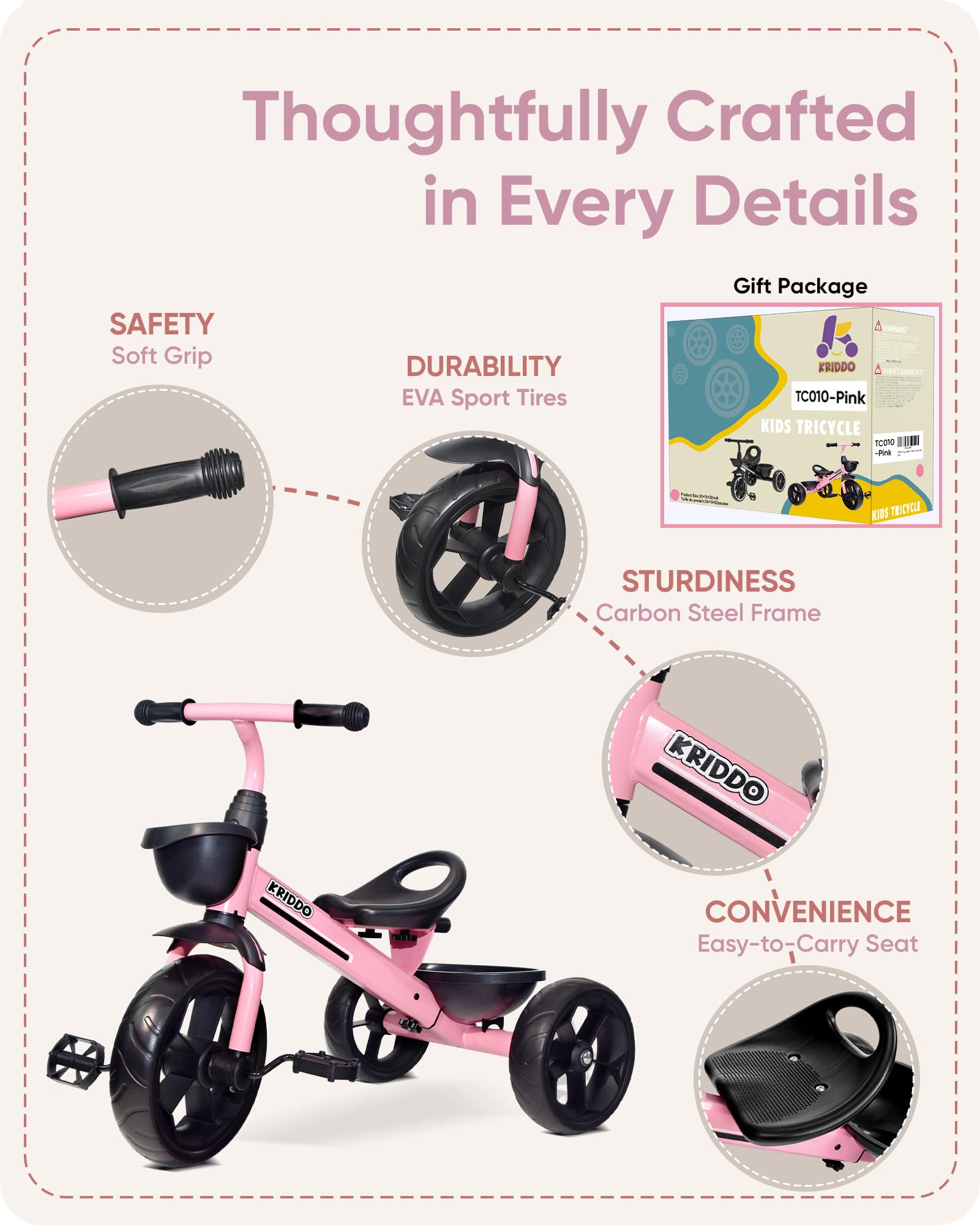 KRIDDO pink safety features emphasize BPA-free materials and stable ride.