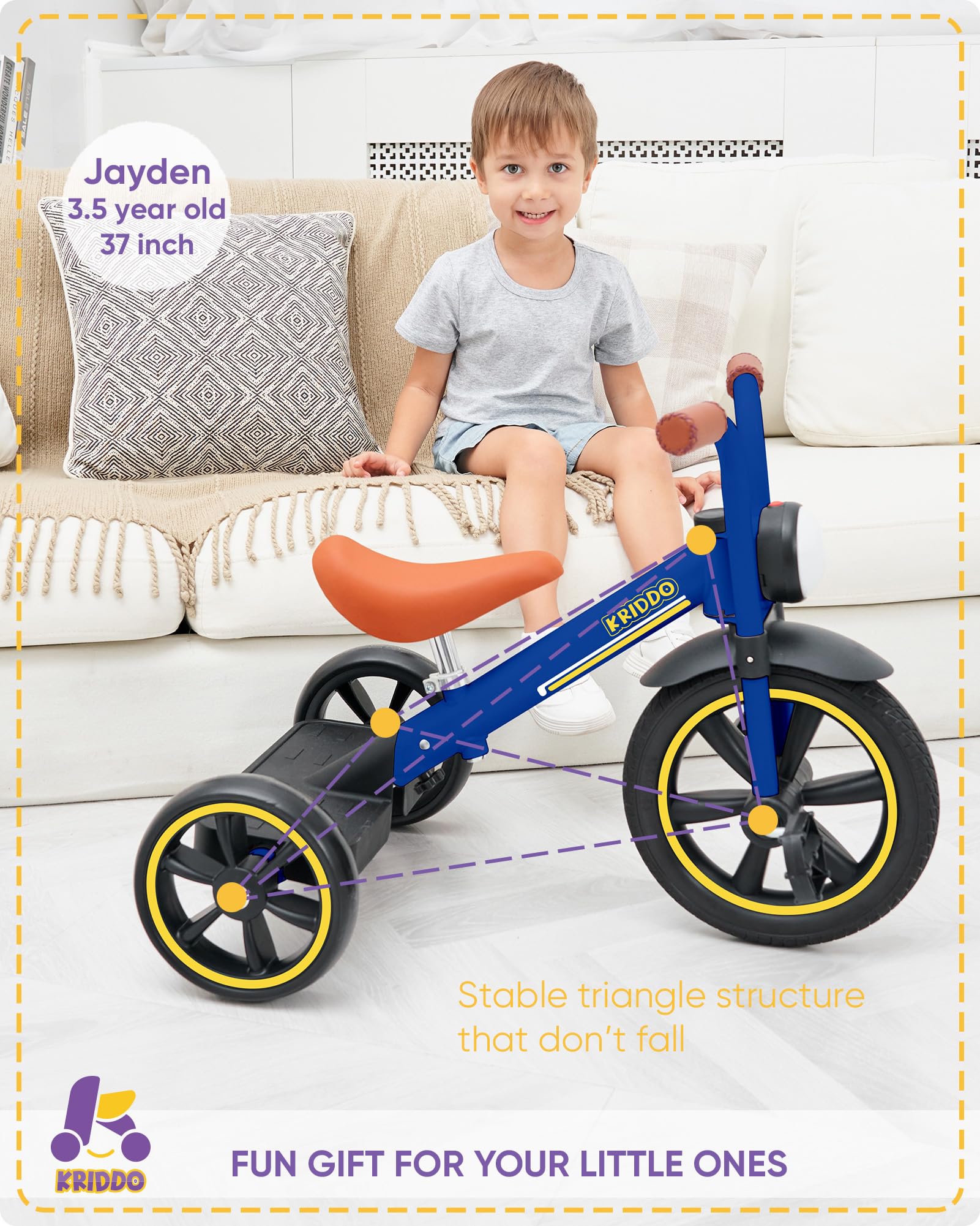KRIDDO puncture-free wheels provide a smooth, maintenance-free ride.