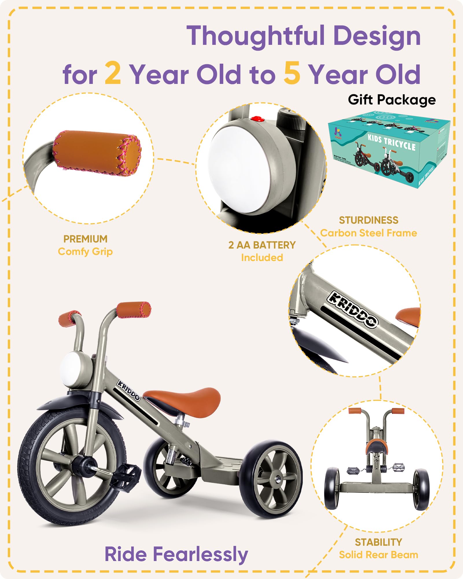 KRIDDO tricycle puncture-free wheels reduce flats during playtime.